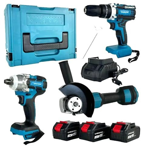 Genérico Kit de Herramientas 3 piezas Amoladora, Taladro, llave de Impacto con 3 Baterías 21V y Maletín Incluido
