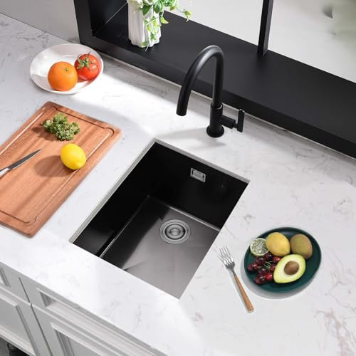 BoomHoze Fregadero Cocina 35 x 40 cm, Fregadero Bajo Encimera, Fregadero Acero Inoxidable Con Rebosadero Y Escurridor, Instalación Empotrada O Sobre Encimera (Negro)