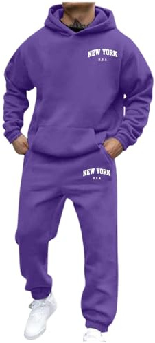 Tuta sportiva da jogging, da uomo, 2 pezzi, lunga con tasche, con cappuccio e pantaloni da jogging, tuta a maniche lunghe, per escursioni, corsa, autunno, inverno, colore viola scuro, L