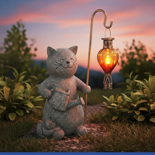 Solar Gartenfigur Katze mit LED-Heißluftballon mit warmem, flackerndem Licht, Tierfigur wetterfest, für Garten, Balkon und Terrasse, Außen & Innenbereich, Geschenke für Frauen, Papa, Mama, Geburtstag