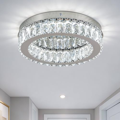 Finktonglan 30 cm Runde Kristall LED Deckenleuchte, 6000K Kaltweiß | Integrierte LED, festes 6000K Kaltweiß, nicht dimmbar, K9 Kristall und Edelstahl für Schlafzimmer, Wohnzimmer, Flur und Diele