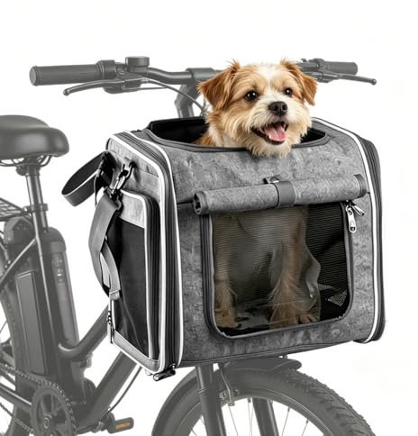 Hundekorb Fahrrad Vorne 4-in-1, Erweiterbarer Hunderucksack Hundefahrradkorb, Grau Faltbare Haustier-Reisetasche mit 4 Mesh-Fenster & 4 offenen Türen, Hunde-Fahrradkorb für Katzen & kleine Hunde