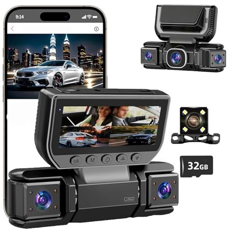 360° Caméra de tableau de bord DVR WiFi 4 canaux avec carte de 32 Go, caméra de tableau de bord de voiture 1080P FHD vue à 360 degrés avant et arrière, surveillance de stationnement avec contrôle par