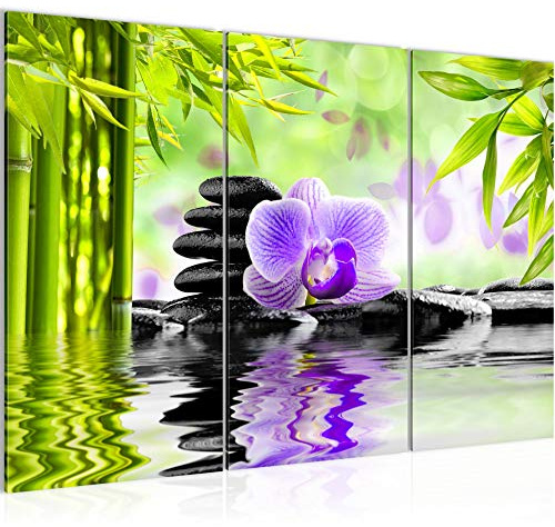 Runa Art Wandbilder Orchidee Feng Shui Bild XXL Wohnzimmer Schlafzimmer Violett Steine Spa 120 x 80 cm 3 Teilig 502031b