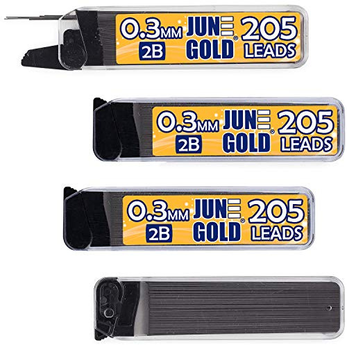 June Gold 820 piezas, repuestos de plomo 2B de 0,3 mm, 205 piezas por dispensador, grosor extrafino, plomo resistente a roturas/grafito (paquete de 4 dispensadores) | Grosor extrafino, grafito resistente a la rotura, elegante mecanismo de dispensación