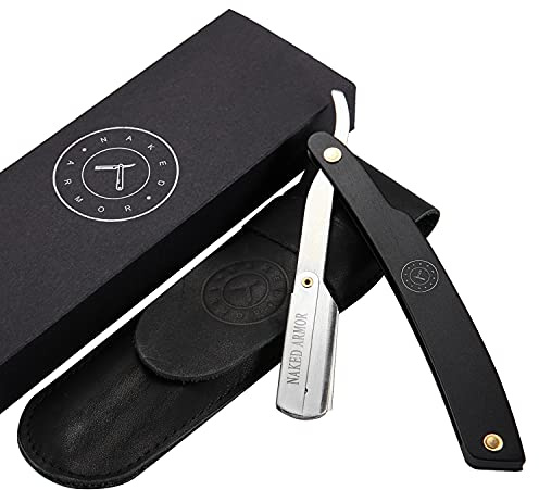 Best Shavette Straight Razor - Replaceable Blade Straight Razor, Metal Handle Shavette, No Stropping & Honing Needed, Great Starter Blade, Hygienic, Close Shave, Leather Case (Black)