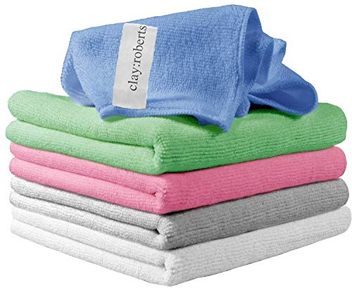 Clay Roberts Microfibre Cleaning Cloths, 40cm x 30cm - Pack of 5, Mixed Colours, Machine Washable, Polishing, Waxing & Dusting Cloth, Lint-Free, Kitchen Towel, Car Cleaning, Microfiber
