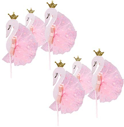 Amosfun 6pcs Mesh Gauze Swan Bow Crown Cake Toppers for Party Wedding Decorations Creative Cake Decorations Swan Gauze Toppers for Fruit Picks
