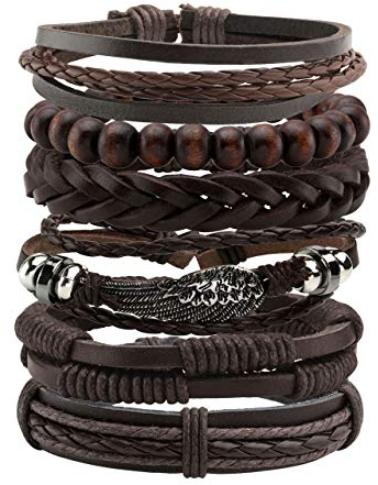 Manfnee 6PCS Geflochtenes Lederarmband für Männer Frauen Holzperlen Manschette Wickelarmband Einstellbar