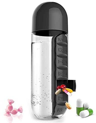 Travel Bottle and Pill Organizer, 600ml 2in1 Water Bottle Pill Box Organiser Portable 7 Days Pill Bottle for Outdoor Portable Camping Black