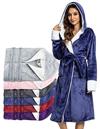 UMIPUBO Accappatoio in Pile da Donna con Cappuccio, Cintura, 2 Tasche, Soffice Flanella Vestaglia Lunga Altamente Assorbente, Pigiama in Spugna per Casa Spa Hotel(Blu)