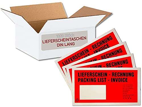 1000 Lieferscheintaschen selbstklebend Light Tasche | Dokumententaschen DIN lang aus PP transparent farbig rot mit Aufdruck Lieferschein/Rechnung