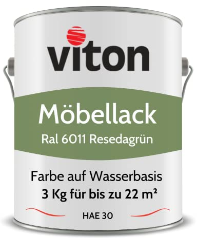 Viton Möbellack - 3 Kg (2,5 L) - Seidenmatt Resedagrün - Möbelfarbe auf Wasserbasis - RAL 6011 Resedagrün