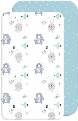 Lovely Hippo 2X Baby Spannbettlaken – 100% Baumwolle, Weich & Atmungsaktiv – Set 2X - Kompatibel mit Kinderkraft (Blaue Tiere, 55 x 90 cm)