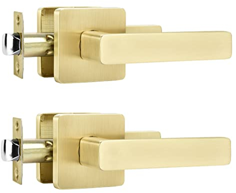Leydebong Vierkant-Türdrücker, Türschloss, Hebel, schlüssellos, Durchgangsknöpfe, Schloss, Innenraum, Flur, Durchgang, Schrank, keine Schlüssel in satiniertem Messing, 2 Stück
