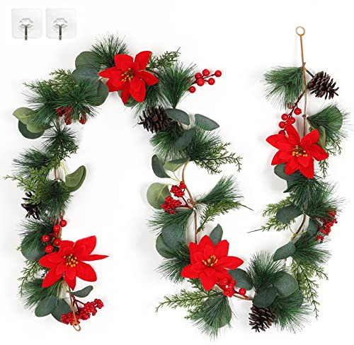Betylifoy Weihnachtsgirlande mit Tannenzapfen Beerengirlande Weihnachtsstern Blumengirlande 170cm Künstliche Beerengirlande für Treppe Kamin Dekoration Weihnachten Winter Urlaub Tischdekoration