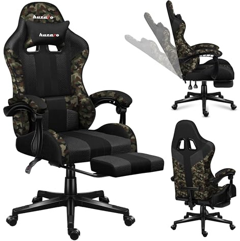 huzaro Force 4.7 Gaming Stuhl - Ergonomischer Bürostuhl & PC Stuhl – Camo | Schreibtischstuhl für Gamer - Bis 150 kg belastbar - Mit ausziehbarer Fußstütze & Lendenkissen - Stoff Mesh