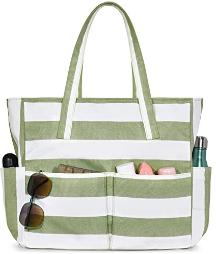 oscaurt Beach Bags for Women, Waterproof Beach Bag with 9 Pockets Large Capactiy Tote Bag with Zip Holiday Essentials for Women