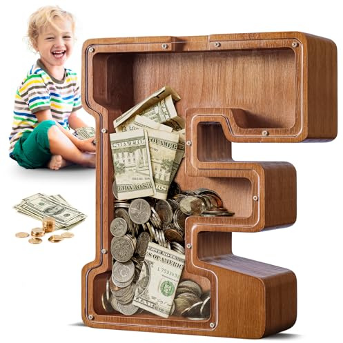 Summidate Wooden Letter Piggy Bank for Kids Adults, 12 F Clear Money Bank