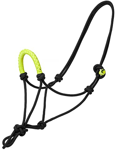 Start Knotenhalfter Pferd – Trainingshalfter für Bodenarbeit & Reiten ohne Gebiss – Robustes Rope Halter mit Zierdetails - RopeBraided (Pony, Schwarz/Lime)
