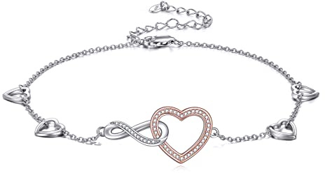 YAFEINI Unendlichkeit Herz Fußkettchen für Damen 925 Silber Strand Fußkette Armband Verstellbares Zierliches CZ Immer Zusammen Bettelarmband Schmuck für Frauen Damen Mama Tochter