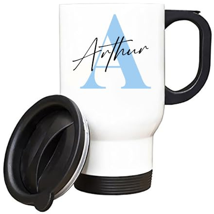 Getagift Personalised Mug Initial with Name, Alphabet Mug, Insulated 14oz Travel Mug, Tea, Coffee Mug. (White)