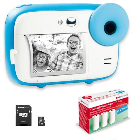 AGFAPHOTO Pack Realikids Instant Cam + 1 Carte Micro SD 32GB + 3 Rouleaux Papier Thermique ATP3WH - Appareil Photo Instantané Enfant, Ecran LCD 2,4', Miroir Selfie et Filtre Photo - Bleu