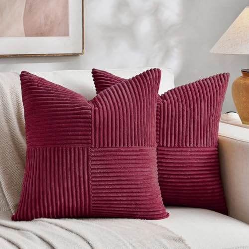 FDTERN 2er Set Weinrot Kordsamt Kissenbezug 60x60 Weich Dekorative Kissenbezüge Kissenhülle Dekokissenbezug Sofakissen Dekokissen Boho Deko für Sofa Schlafzimmer Wohnzimmer Bett