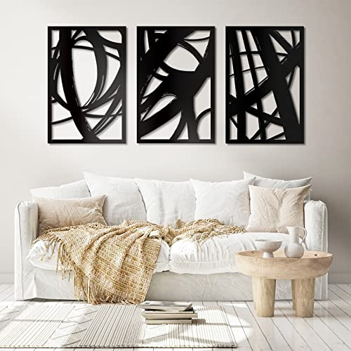 WINUSD 3 Stück 45,7 x 30,5 cm abstrakte schwarze Metall-Wandkunst, 3D-strukturiertes Metallkunstwerk für Wand, modernes ausgehöhltes Design, Metall-Wandskulpturen, abstrakte Metall-Wandkunst für