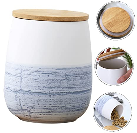 Alipis Ceramic Candy Pot Large Storage Jar Wooden Cover Food Storage Canister for Pantry