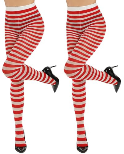 MANZI Horizontal Gestreift Strumpfhose für Damen Halloween Weihnachten Neuheit Semi-Blickdichte Strumpfhose 2 Paar (Rot + Weiß Gestreift Einheitsgröße)