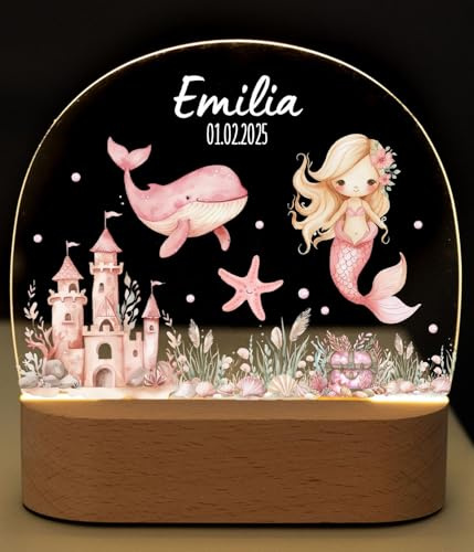 Bärenfreunde® - Personalisiertes Nachtlicht für Babys - Individuelle Nachttischlampe für Kinder - Personalisierte Geschenke Kinder - Babygeschenk - Geschenk zur Geburt (Meerjungfrau rosa)