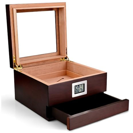 Humidor-Zigarrenschrank, Humidor-Zigarrenkiste aus Zedernholz mit digitalem Hygrometer, Trennwand, Tisch-Humidorglas für Männer, für 30–50 Zigarren,A