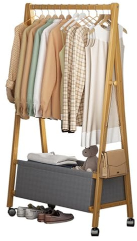 Kleiderstange aus Bambus, Kleiderständer auf Rollen, freistehender Kleiderständer mit Aufbewahrungskorb, Garderobenständer, L68 x B37 x H150 cm, für Eingangsbereich, Flur, Foyer, Schmutzschl