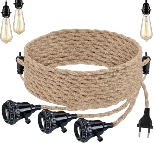 3 Paar Lampenfassung mit Kabel E27, Pendelleuchte Kit mit Schalter, Hanfseil Hängelampe 6.8 M Textilkabel Lampenkabel Kit für Wohnzimmer DIY Vintage Hängeleuchte Kronleuchter, Ohne Glühbirne
