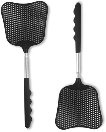 XEHAHOSH Fly Swatters 2-pack, hållbart teleskopiskt handtag i rostfritt stål, slitstark svart insektsracket med uppgraderad flugsmälla i plast för inomhus, utomhus, hem, vandring, camping, trädgård