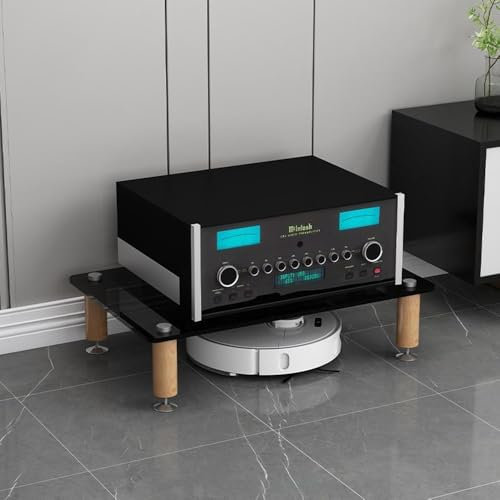 HiFi-Regal, 3/4-stöckig, Medien-Aufbewahrungsschrank mit Einlegeböden aus gehärtetem Glas, stoßdämpfende Massivholzbeine, schwarz, 1 Etage