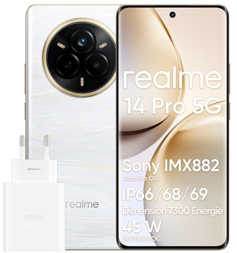 realme 14 pro 5G Smartphone, 12 + 512 GB, Trendiges Design mit wechselnden Farben, IP69, Sony IMX882 OIS-Kamera, 6,77 120Hz 3D Curved Vision Display, 5260mAh Akku, Weiß (Mit Adapter)