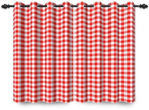 ggaimwf 46x 54 Plaid Eyelet Curtain Check Red and White,1 Pair | Gingham Checkered Squares Pattern.Farmhouse Privacy Thermal Insulated Curtain.Blackout Window Drapes for Bedroom Living Room.