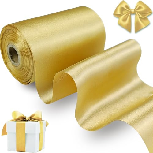 qingmeng 20m Satinband Gold, 10cm Geschenkband Gold Breit, Schleifenband Weihnachten, Geschenkband Hochzeit Stoff, Goldenes Geschenk Band Geschenkbänder für Taufe Geburtstag Deko Geschenkverpackung