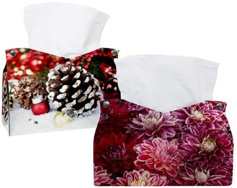 lcndlsoe Lot de 2 boîtes à mouchoirs rectangulaires en cuir avec fleurs de chrysanthème, organisateur décoratif pour table, salle de bain, voiture, bureau