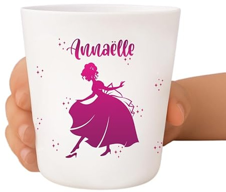 Tendance Cadeau Gobelet enfant personnalisé – Incassable et sans BPA – Prénom + illustration – Résistant aux chocs – Crèche, école, maison – 236 ml (Cendrillon)