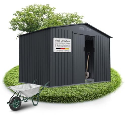 Juskys casetta in metallo XL – grigio scuro, resistente alle intemperie con telaio di fondazione, porta scorrevole & chiudibile – per giardino & ripostiglio