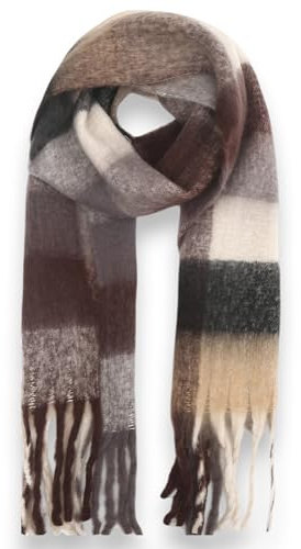 Ziona XXL Winter Schal Damen Karo – flauschig, kuschelig & weich – warmes Halstuch mit Fransen aus 100% Viskose, 210 x 40 cm, Herbst & Winter Accessoire (Braun Beige Grau Karo)