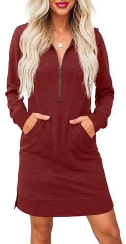 PrinStory Robe en tricot à manches longues pour femme - Col en V - Demi-fermeture éclair - Robe décontractée avec poches, Bordeaux, M