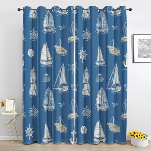 Generisch Nautisch Segelboot Gardinen mit Ösen, Leuchtturm Seitenruder Blickdicht Vorhänge, Blau Maritim Thermo Vorhang 2er Set für Schlafzimmer und Wohnzimmer, 140 x 115 cm (H x B)