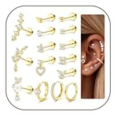 FIOROYAL 15Pcs Helix Piercings Chirurgenstahl Ohrringe Damen Hypoallergene Flatback Ohrstecker Creolen Set Klein 18K Vergoldet/Versilbert Piercing Ohr Set Conch Rook Tragus Piercing Schmuck