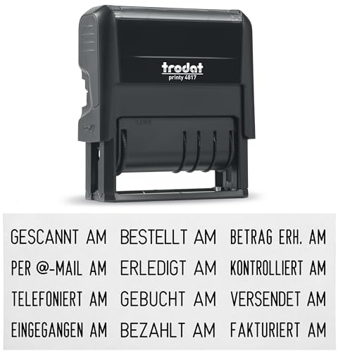 Trodat Printy 4817 Datumstempel mit Wortband, 12 Office-Texte zum Drehen | Bürostempel, Abdruckgröße 47x4 mm, Abdruck schwarz, selbstfärbend, dokumentenecht, archivierbar, Schrifthöhe 3.8 mm