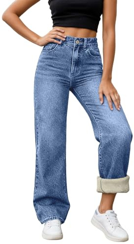 Générique Jean Doublé Polaire Femme Taille Haute Stretch Pantalon en Denim Thermique Jeans Hiver Chaud à Jambes Larges Jean Fourré Femme Coupe Ample Grande Taille Décontracté Trousers