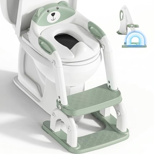 Sedile WC per bambini con scale, accessorio per WC aggiornato, per bambini e bambine, 2 in 1, con scale, regolabile in altezza, comodi sedili per WC sicuri, poggiapiedi per bambini (Pistacchio)